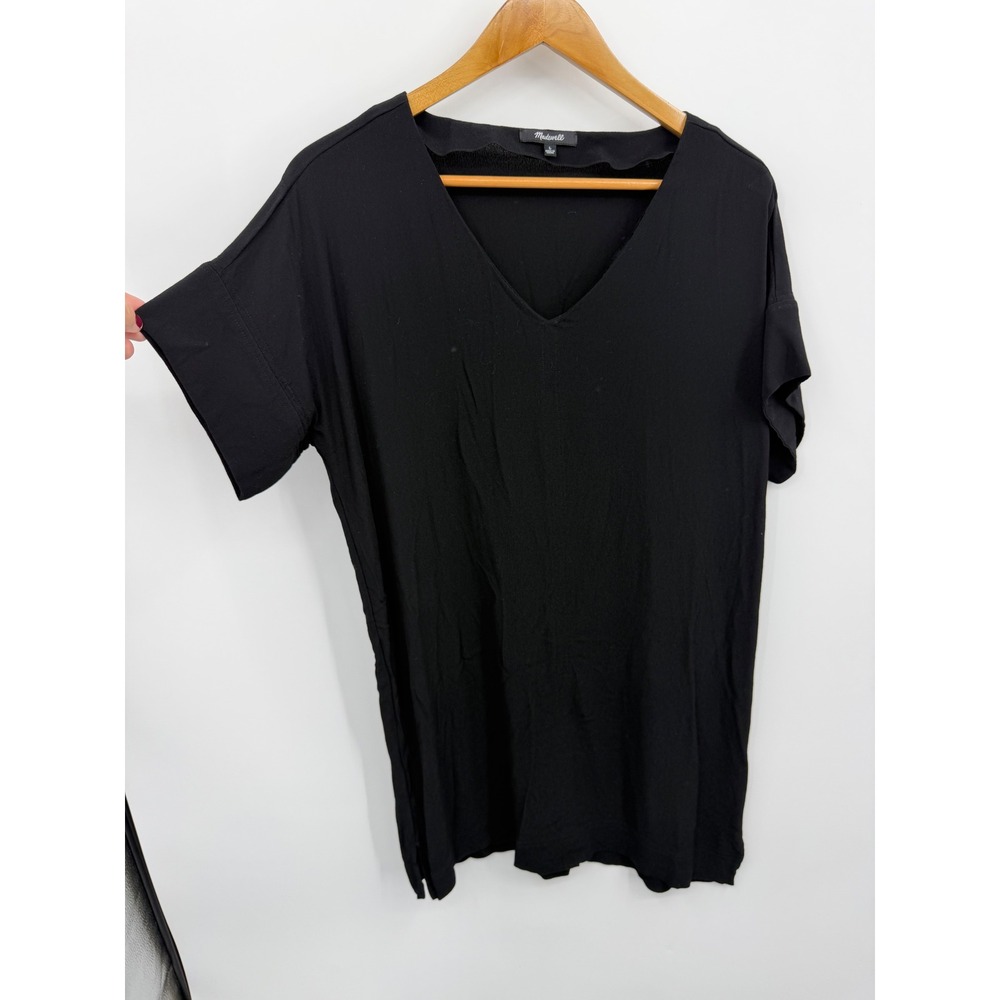 Madewell Novel shift‎ G1891 V-Neck sz L Black Short Sleeve Viscose Crepe dress